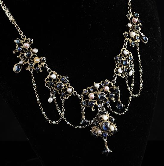 A late 19th/early 20th century Austro-Hungarian Renaissance Revival 800 standard parcel gilt silver drop necklace, 19in.